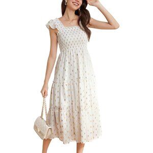 Womens Smocked Flowy Summer Dresses A Line Square Neck Flutter Sleeve Ruffle